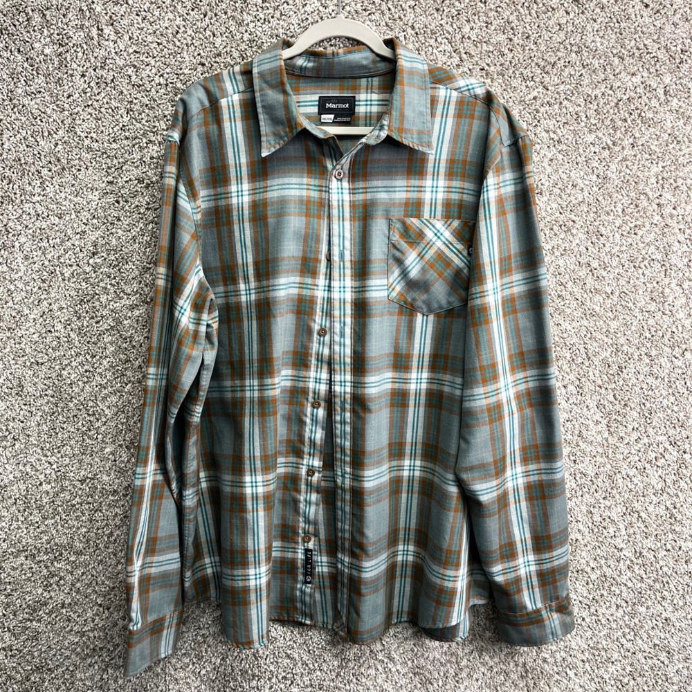 Marmot Shirt Men's XXL Gray/Brown/Blue Plaid Long Sleeve Button Up